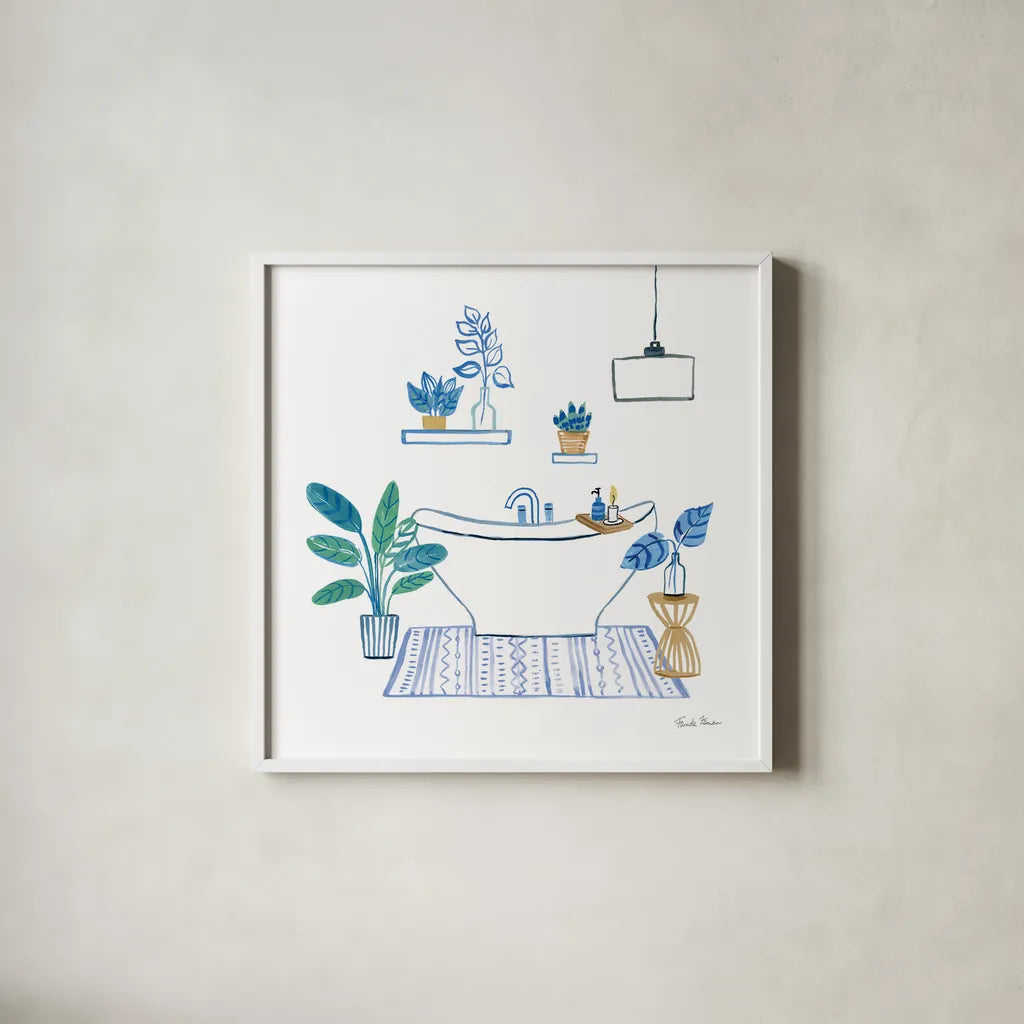 Relax II by Farida Zaman. Shown in a crisp white glass frame for a clean and minimalist style. Available as an archival giclee rolled canvas, fine art paper, or poster print. SKU 62672a.