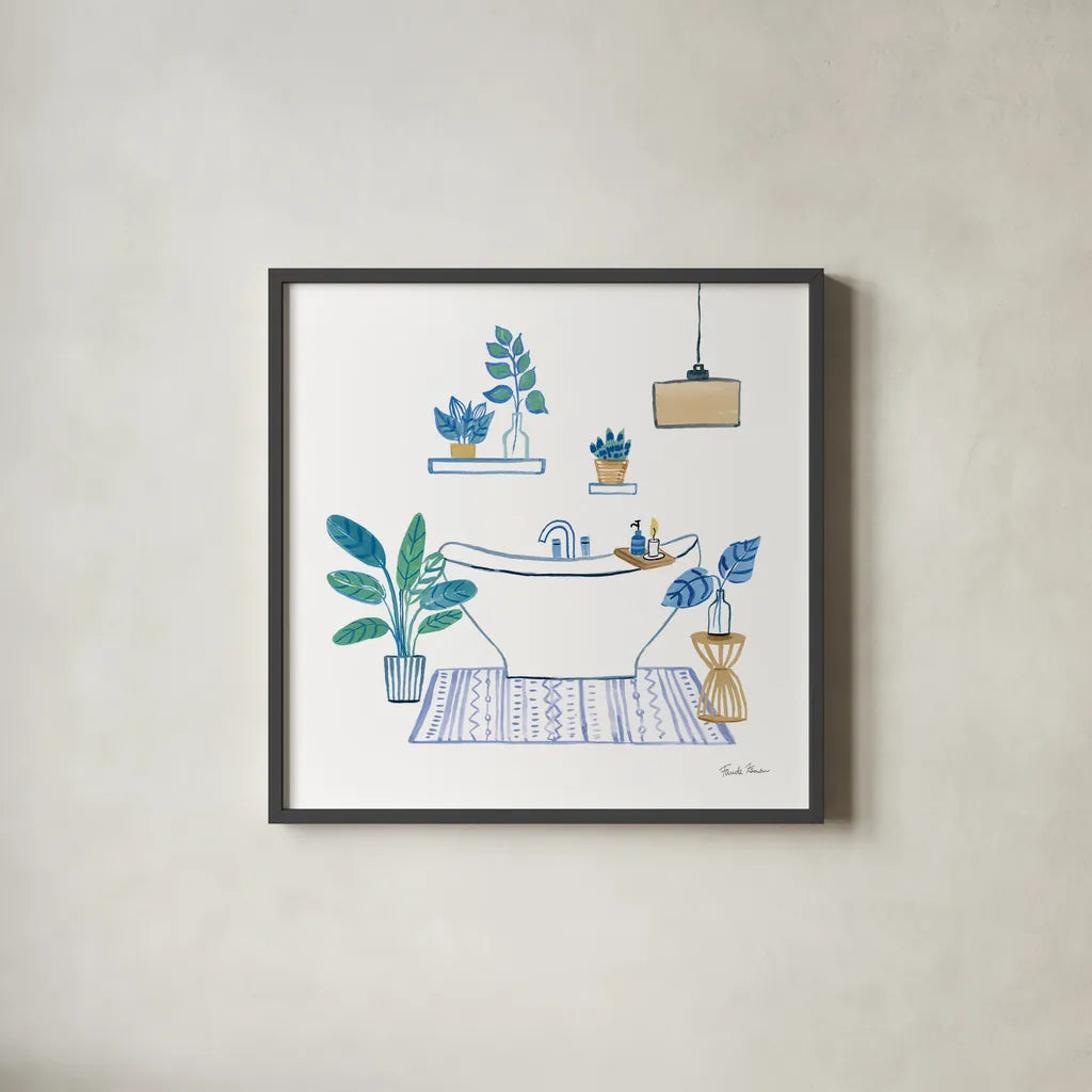 Relax II Tan by Farida Zaman. Shown in a sleek black glass frame for a contemporary gallery look. Available as an archival giclee rolled canvas, fine art paper, or poster print. SKU 64792a.