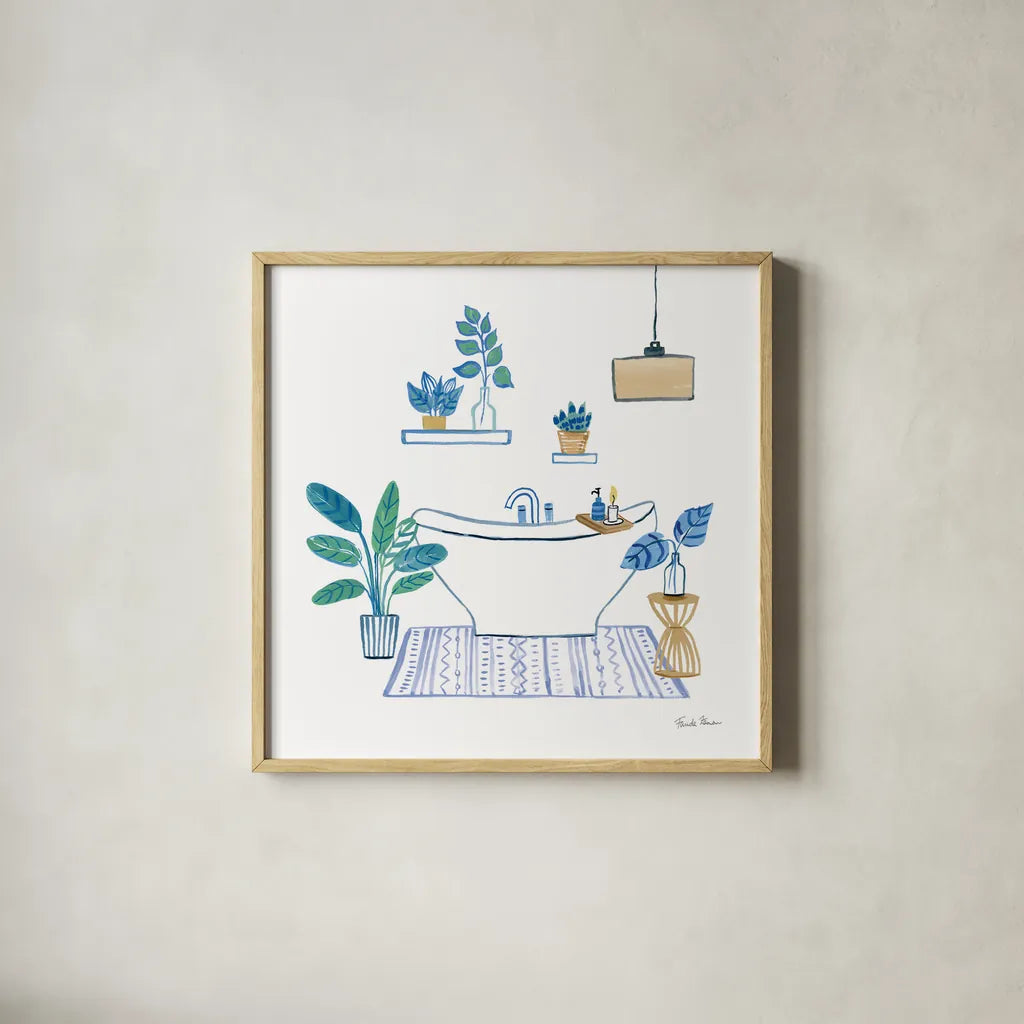 Relax II Tan by Farida Zaman. Shown in a natural wood glass frame for a timeless modern aesthetic. Available as an archival giclee rolled canvas, fine art paper, or poster print. SKU 64792a.