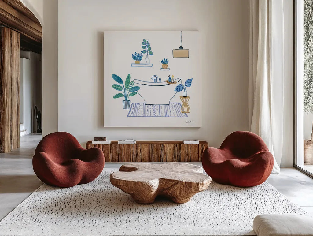 Relax II Tan by Farida Zaman. Shown as extra-large giant wall art in a modern living room. Available as an archival giclee rolled canvas, fine art paper, or poster print. SKU 64792a.