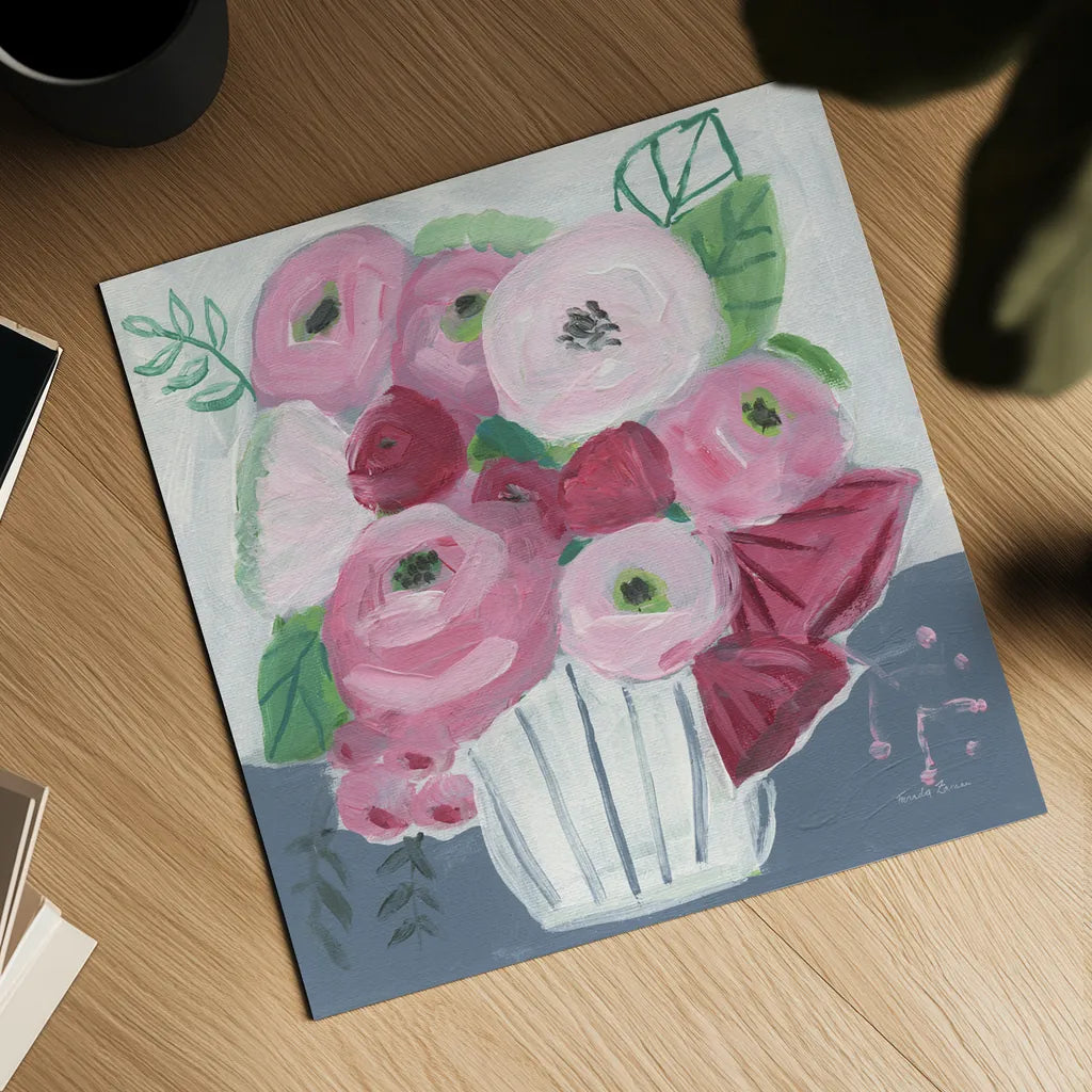 Romance Bouquet by Farida Zaman. Shown as a detailed flat fine art print, highlighting archival giclee quality. Available as an archival giclee rolled canvas, fine art paper, or poster print. SKU 96320a.