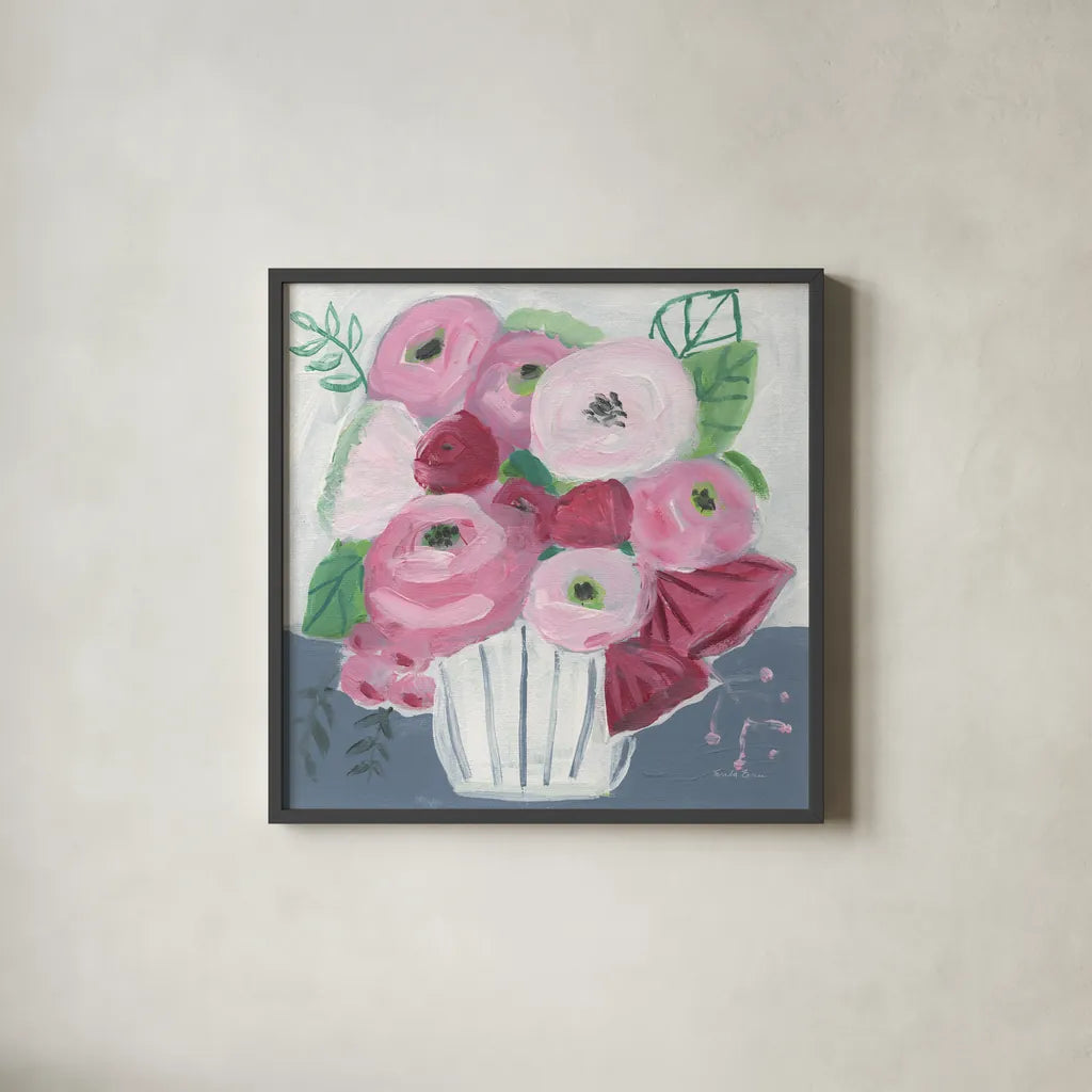 Romance Bouquet by Farida Zaman. Shown in a sleek black glass frame for a contemporary gallery look. Available as an archival giclee rolled canvas, fine art paper, or poster print. SKU 96320a.