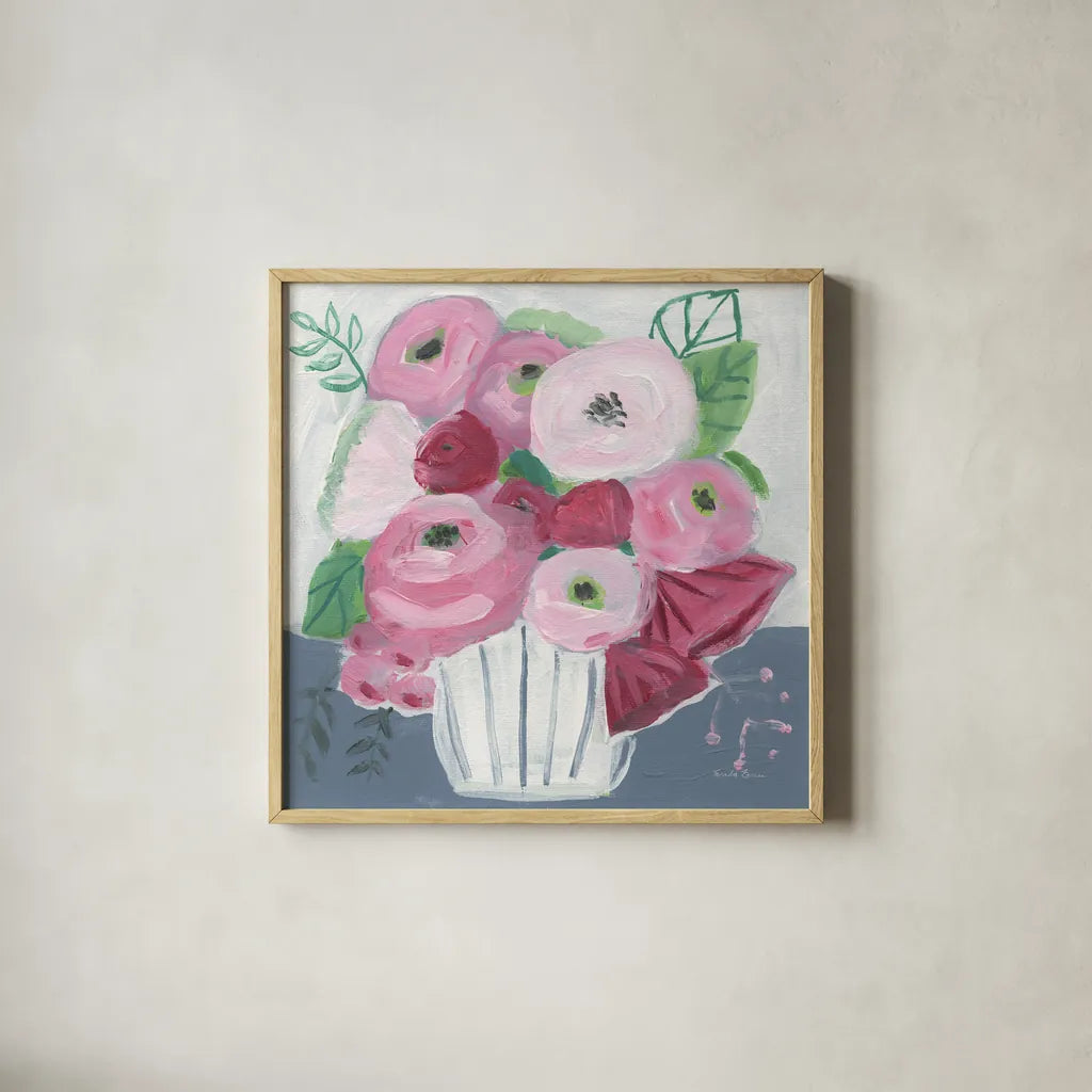 Romance Bouquet by Farida Zaman. Shown in a natural wood glass frame for a timeless modern aesthetic. Available as an archival giclee rolled canvas, fine art paper, or poster print. SKU 96320a.