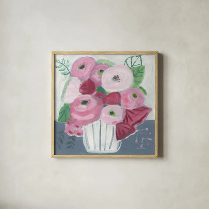 Romance Bouquet by Farida Zaman. Shown in a natural wood glass frame for a timeless modern aesthetic. Available as an archival giclee rolled canvas, fine art paper, or poster print. SKU 96320a.