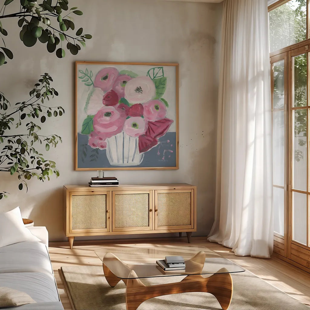 Romance Bouquet by Farida Zaman. Shown in a natural wood frame in a cozy modern living room. Available as an archival giclee rolled canvas, fine art paper, or poster print. SKU 96320a.