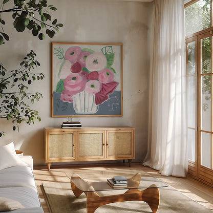 Romance Bouquet by Farida Zaman. Shown in a natural wood frame in a cozy modern living room. Available as an archival giclee rolled canvas, fine art paper, or poster print. SKU 96320a.