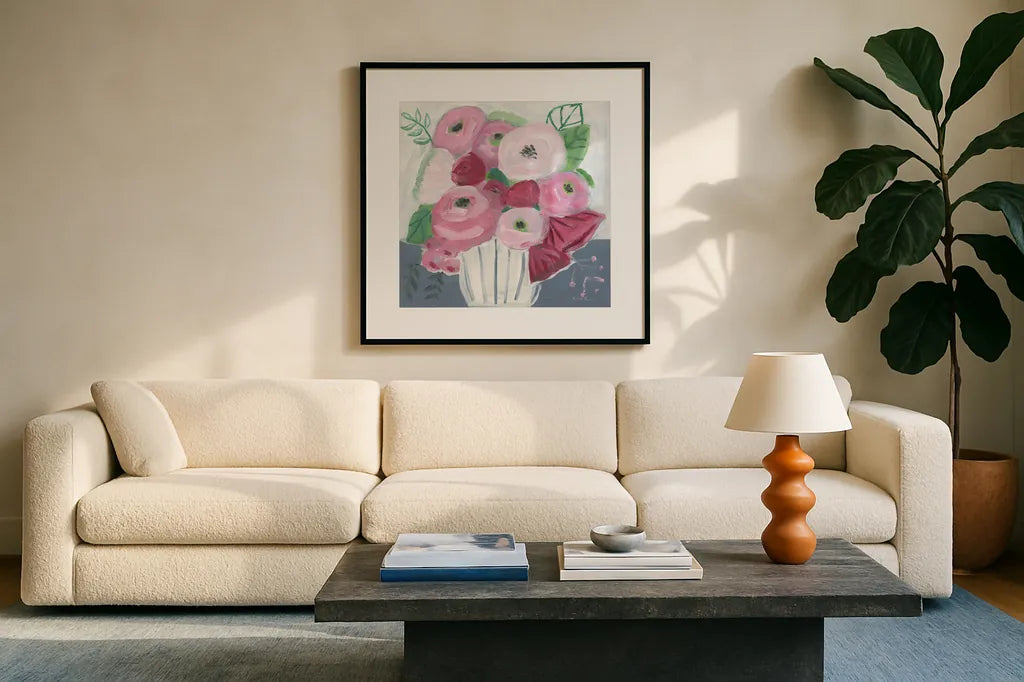 Romance Bouquet by Farida Zaman. Displayed in a glass frame with matte in a clean modern living room. Available as an archival giclee rolled canvas, fine art paper, or poster print. SKU 96320a.