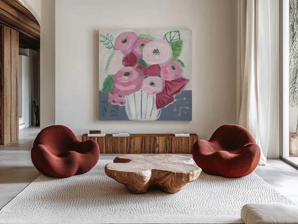 Romance Bouquet by Farida Zaman. Shown as extra-large giant wall art in a modern living room. Available as an archival giclee rolled canvas, fine art paper, or poster print. SKU 96320a.