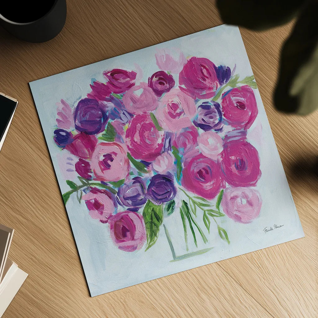 Roses are Pink by Farida Zaman. Shown as a detailed flat fine art print, highlighting archival giclee quality. Available as an archival giclee rolled canvas, fine art paper, or poster print. SKU 60952a.