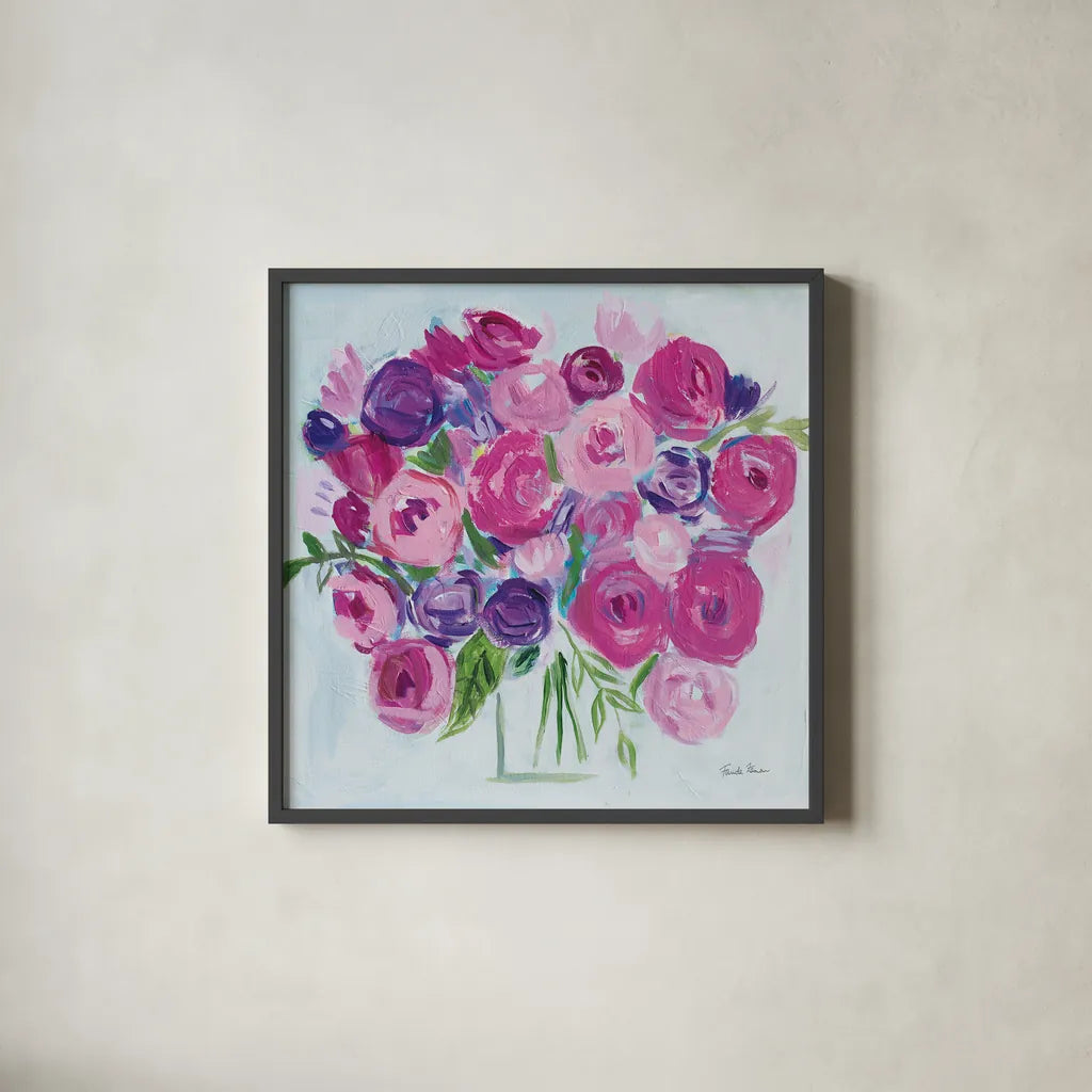 Roses are Pink by Farida Zaman. Shown in a sleek black glass frame for a contemporary gallery look. Available as an archival giclee rolled canvas, fine art paper, or poster print. SKU 60952a.