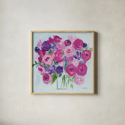 Roses are Pink by Farida Zaman. Shown in a natural wood glass frame for a timeless modern aesthetic. Available as an archival giclee rolled canvas, fine art paper, or poster print. SKU 60952a.