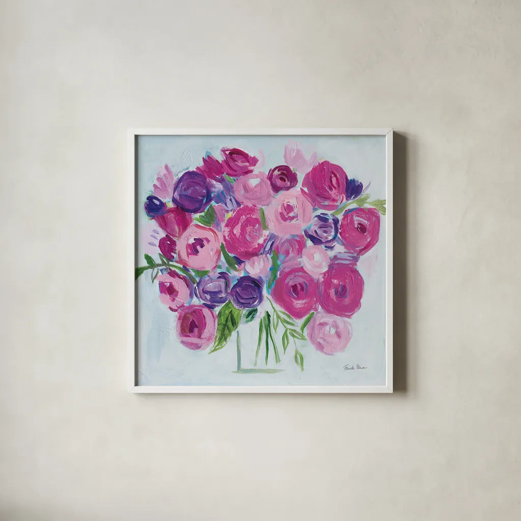 Roses are Pink by Farida Zaman. Shown in a crisp white glass frame for a clean and minimalist style. Available as an archival giclee rolled canvas, fine art paper, or poster print. SKU 60952a.