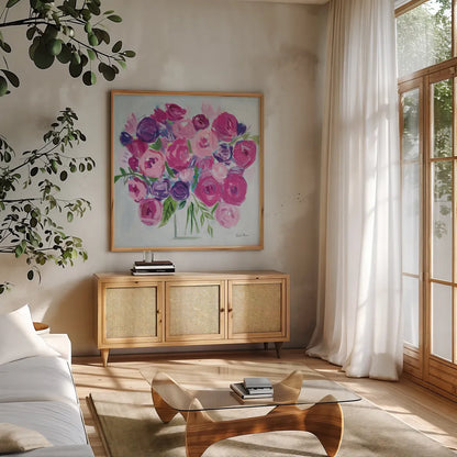 Roses are Pink by Farida Zaman. Shown in a natural wood frame in a cozy modern living room. Available as an archival giclee rolled canvas, fine art paper, or poster print. SKU 60952a.