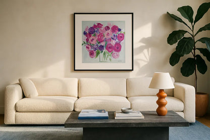 Roses are Pink by Farida Zaman. Displayed in a glass frame with matte in a clean modern living room. Available as an archival giclee rolled canvas, fine art paper, or poster print. SKU 60952a.