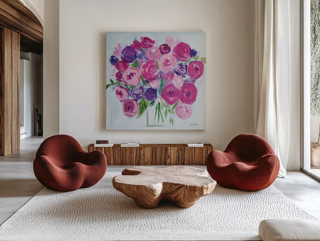 Roses are Pink by Farida Zaman. Shown as extra-large giant wall art in a modern living room. Available as an archival giclee rolled canvas, fine art paper, or poster print. SKU 60952a.