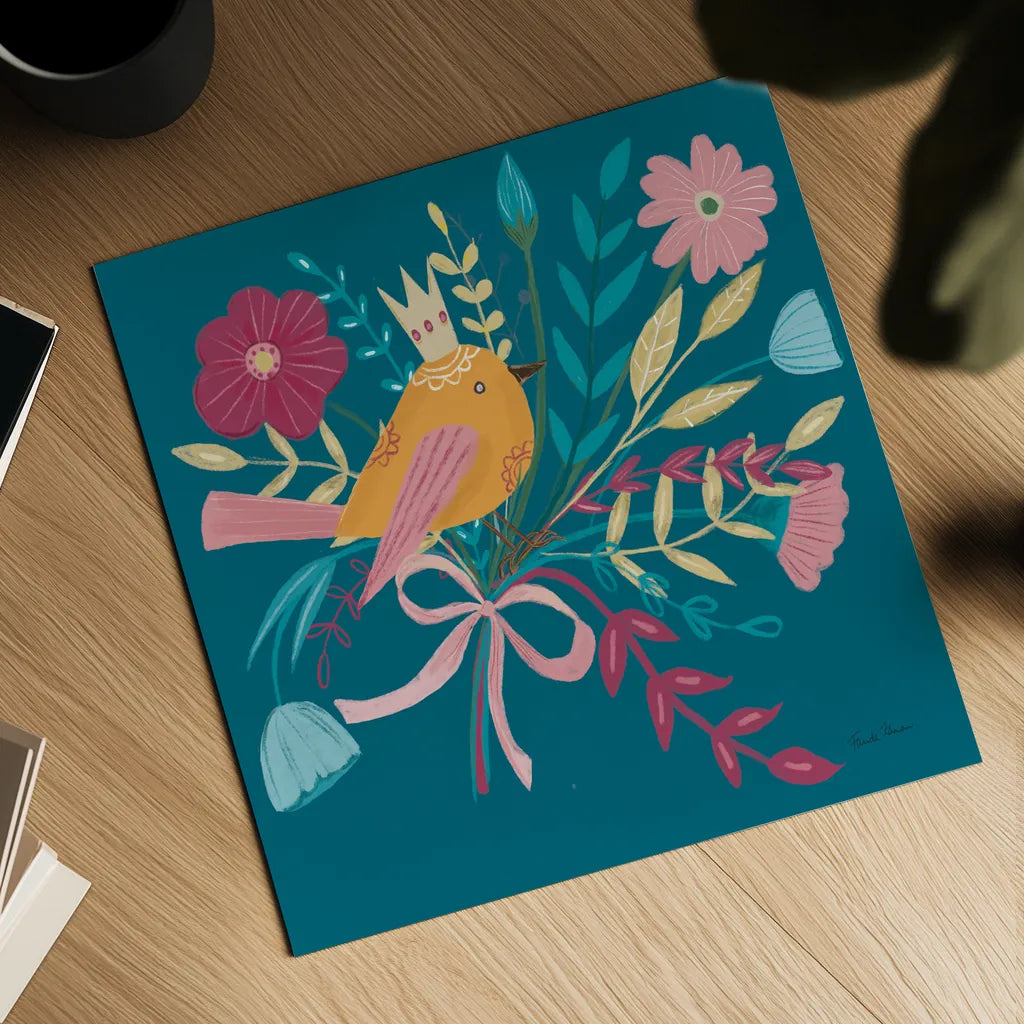 Royal Birds II Blue by Farida Zaman. Shown as a detailed flat fine art print, highlighting archival giclee quality. Available as an archival giclee rolled canvas, fine art paper, or poster print. SKU 68974a.