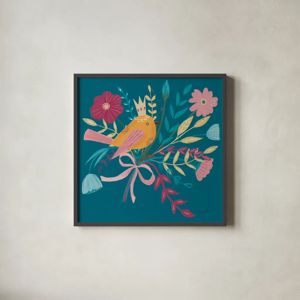 Royal Birds II Blue by Farida Zaman. Shown in a sleek black glass frame for a contemporary gallery look. Available as an archival giclee rolled canvas, fine art paper, or poster print. SKU 68974a.