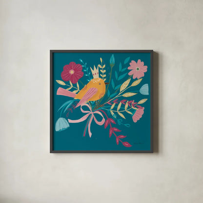 Royal Birds II Blue by Farida Zaman. Shown in a sleek black glass frame for a contemporary gallery look. Available as an archival giclee rolled canvas, fine art paper, or poster print. SKU 68974a.