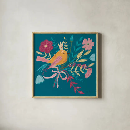 Royal Birds II Blue by Farida Zaman. Shown in a natural wood glass frame for a timeless modern aesthetic. Available as an archival giclee rolled canvas, fine art paper, or poster print. SKU 68974a.