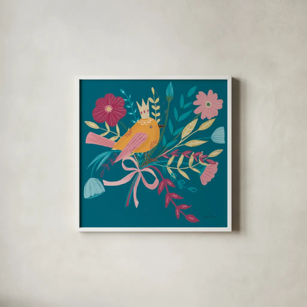 Royal Birds II Blue by Farida Zaman. Shown in a crisp white glass frame for a clean and minimalist style. Available as an archival giclee rolled canvas, fine art paper, or poster print. SKU 68974a.