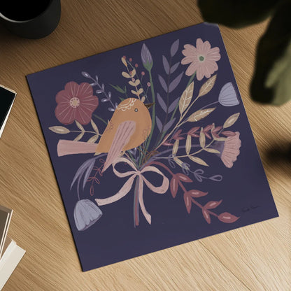 Royal Birds II Purple by Farida Zaman. Shown as a detailed flat fine art print, highlighting archival giclee quality. Available as an archival giclee rolled canvas, fine art paper, or poster print. SKU 71471a.