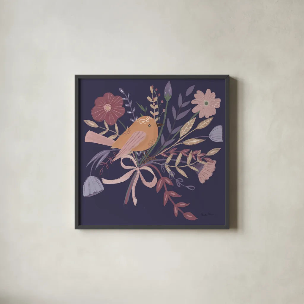 Royal Birds II Purple by Farida Zaman. Shown in a sleek black glass frame for a contemporary gallery look. Available as an archival giclee rolled canvas, fine art paper, or poster print. SKU 71471a.