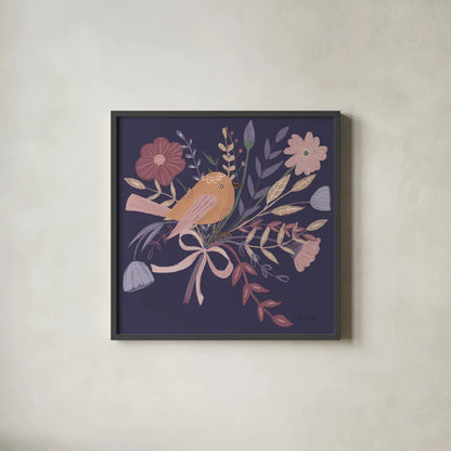 Royal Birds II Purple by Farida Zaman. Shown in a sleek black glass frame for a contemporary gallery look. Available as an archival giclee rolled canvas, fine art paper, or poster print. SKU 71471a.