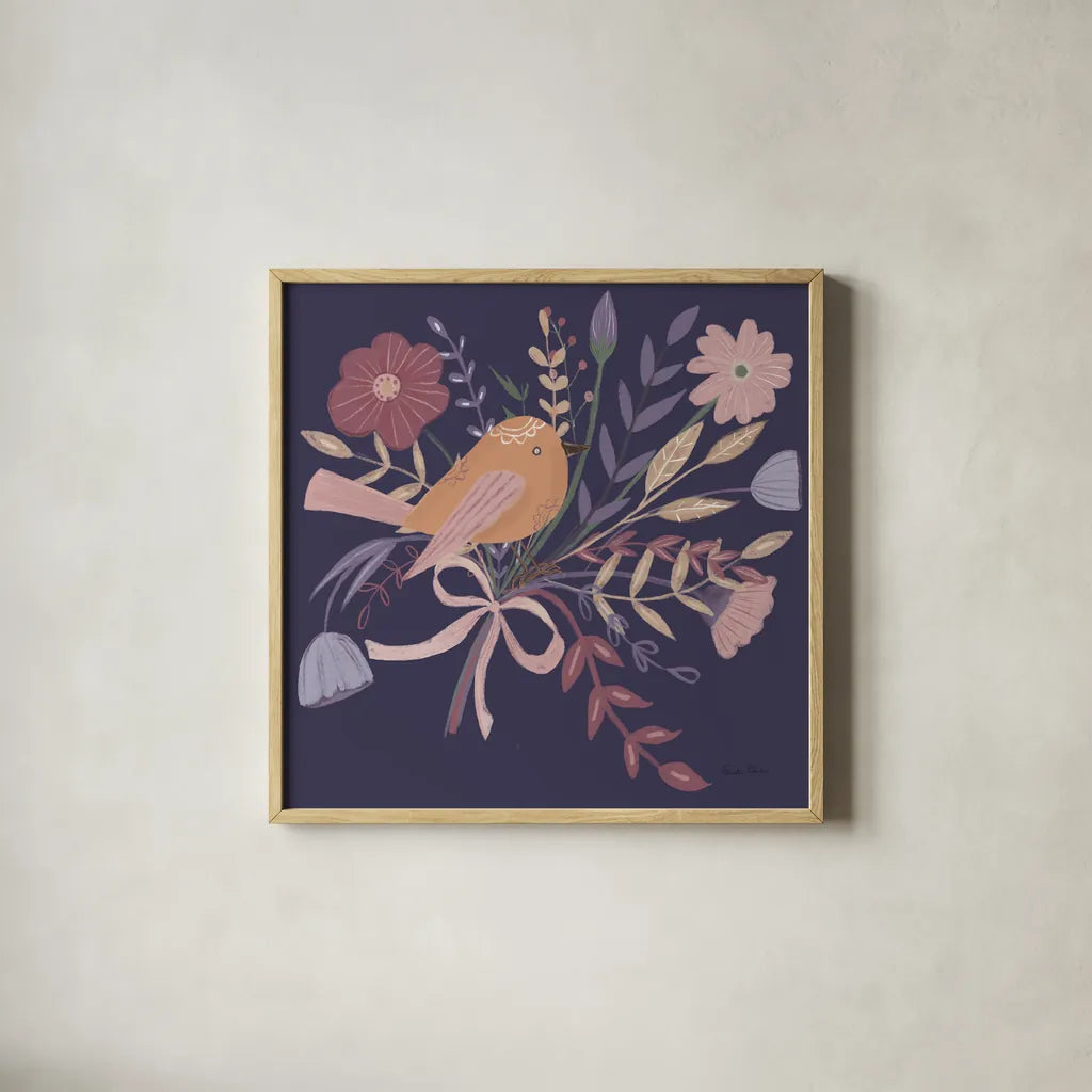 Royal Birds II Purple by Farida Zaman. Shown in a natural wood glass frame for a timeless modern aesthetic. Available as an archival giclee rolled canvas, fine art paper, or poster print. SKU 71471a.