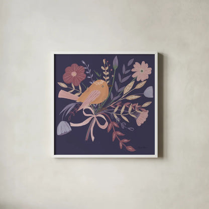 Royal Birds II Purple by Farida Zaman. Shown in a crisp white glass frame for a clean and minimalist style. Available as an archival giclee rolled canvas, fine art paper, or poster print. SKU 71471a.