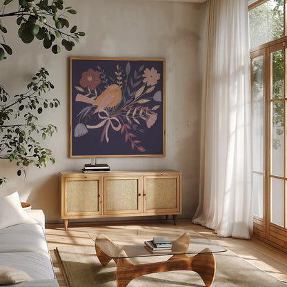 Royal Birds II Purple by Farida Zaman. Shown in a natural wood frame in a cozy modern living room. Available as an archival giclee rolled canvas, fine art paper, or poster print. SKU 71471a.