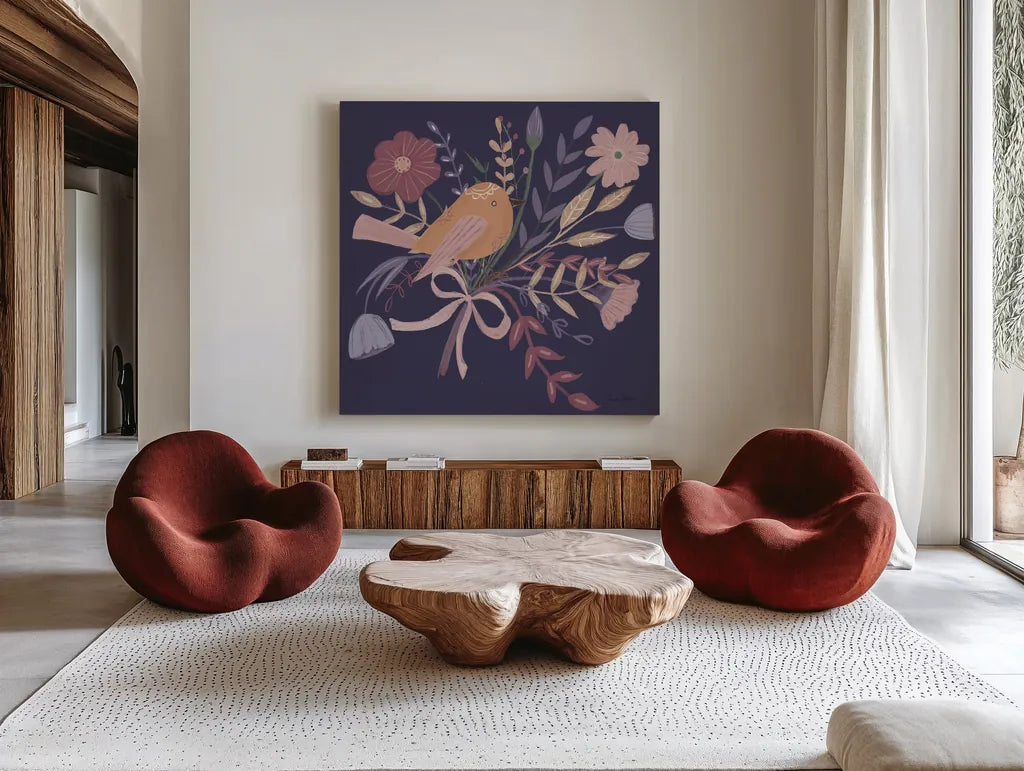 Royal Birds II Purple by Farida Zaman. Shown as extra-large giant wall art in a modern living room. Available as an archival giclee rolled canvas, fine art paper, or poster print. SKU 71471a.