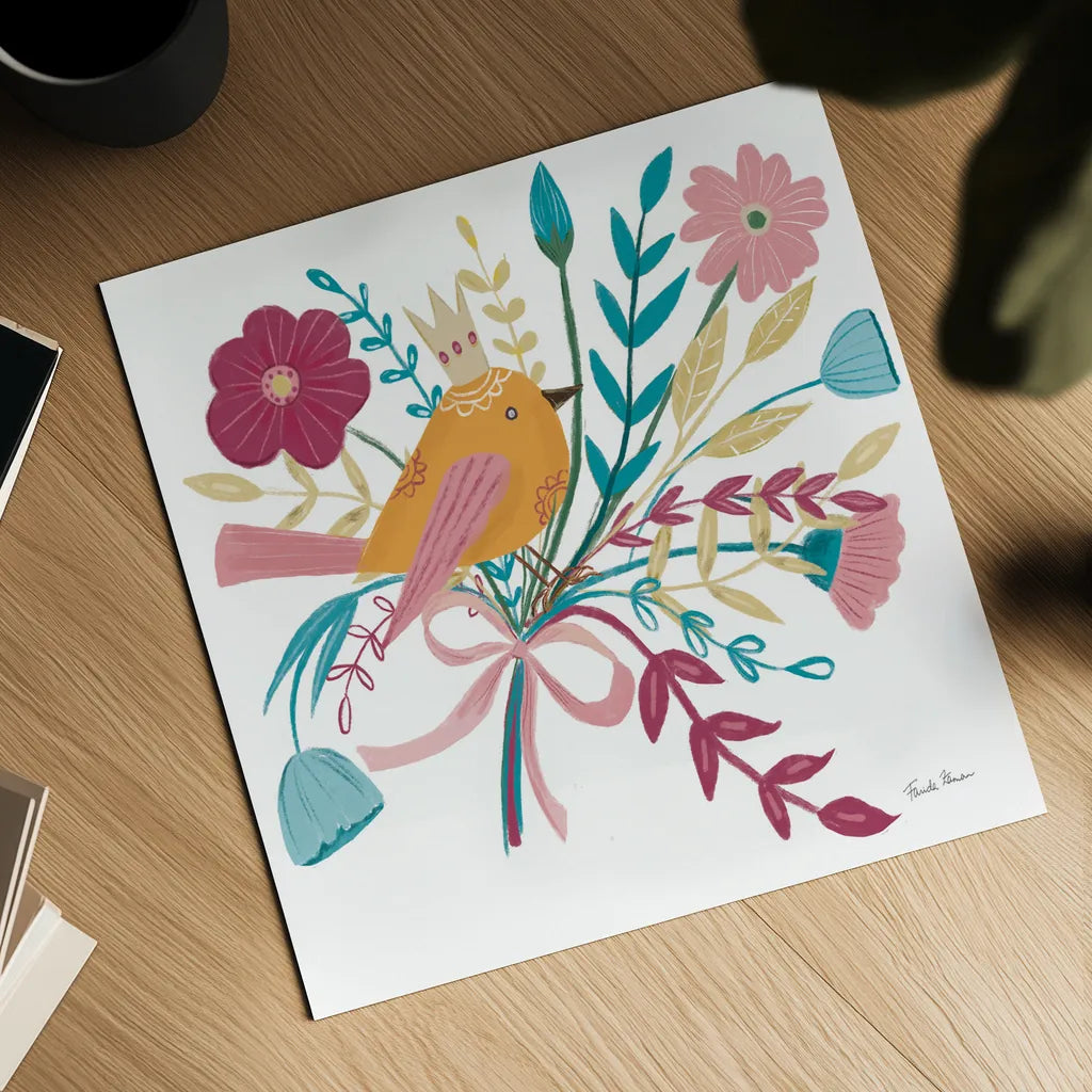 Royal Birds II White by Farida Zaman. Shown as a detailed flat fine art print, highlighting archival giclee quality. Available as an archival giclee rolled canvas, fine art paper, or poster print. SKU 68979a.