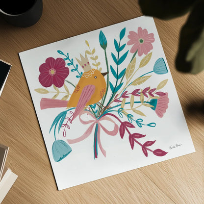 Royal Birds II White by Farida Zaman. Shown as a detailed flat fine art print, highlighting archival giclee quality. Available as an archival giclee rolled canvas, fine art paper, or poster print. SKU 68979a.