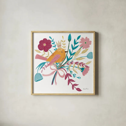 Royal Birds II White by Farida Zaman. Shown in a natural wood glass frame for a timeless modern aesthetic. Available as an archival giclee rolled canvas, fine art paper, or poster print. SKU 68979a.