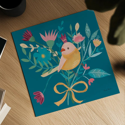 Royal Birds III Blue by Farida Zaman. Shown as a detailed flat fine art print, highlighting archival giclee quality. Available as an archival giclee rolled canvas, fine art paper, or poster print. SKU 68975a.