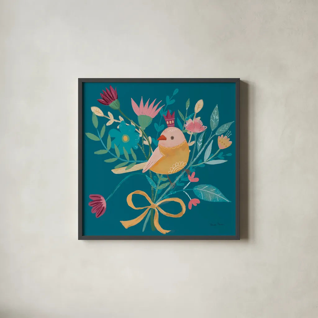 Royal Birds III Blue by Farida Zaman. Shown in a sleek black glass frame for a contemporary gallery look. Available as an archival giclee rolled canvas, fine art paper, or poster print. SKU 68975a.