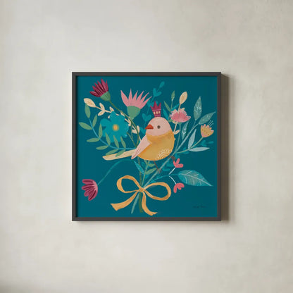 Royal Birds III Blue by Farida Zaman. Shown in a sleek black glass frame for a contemporary gallery look. Available as an archival giclee rolled canvas, fine art paper, or poster print. SKU 68975a.