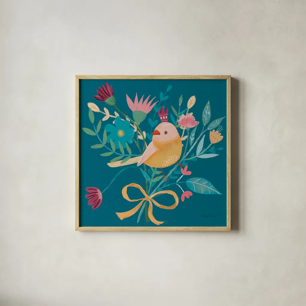 Royal Birds III Blue by Farida Zaman. Shown in a natural wood glass frame for a timeless modern aesthetic. Available as an archival giclee rolled canvas, fine art paper, or poster print. SKU 68975a.
