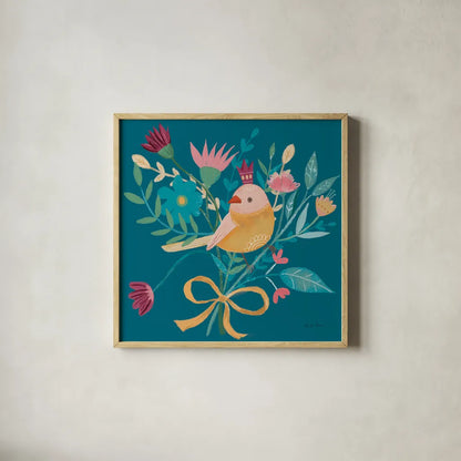 Royal Birds III Blue by Farida Zaman. Shown in a natural wood glass frame for a timeless modern aesthetic. Available as an archival giclee rolled canvas, fine art paper, or poster print. SKU 68975a.