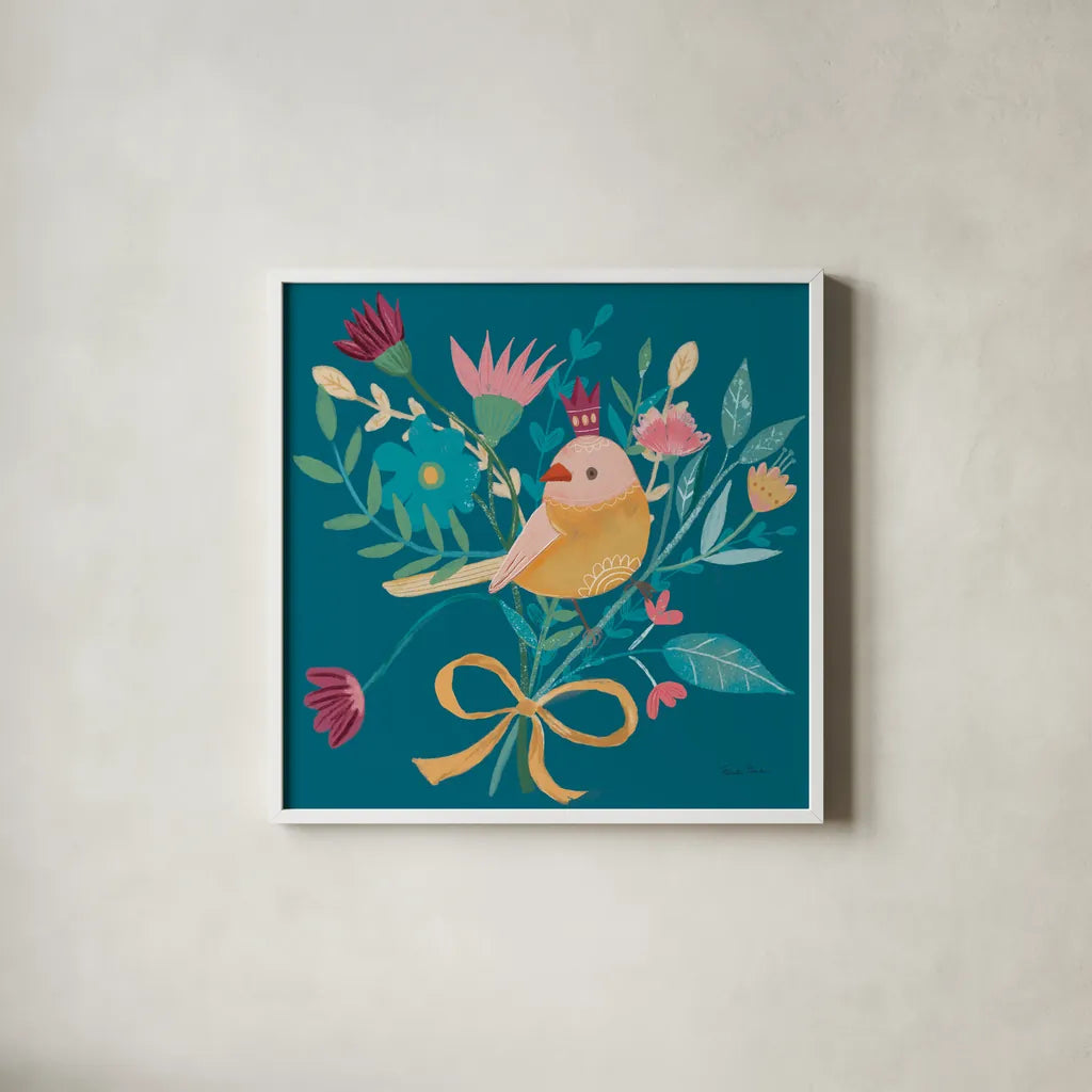 Royal Birds III Blue by Farida Zaman. Shown in a crisp white glass frame for a clean and minimalist style. Available as an archival giclee rolled canvas, fine art paper, or poster print. SKU 68975a.