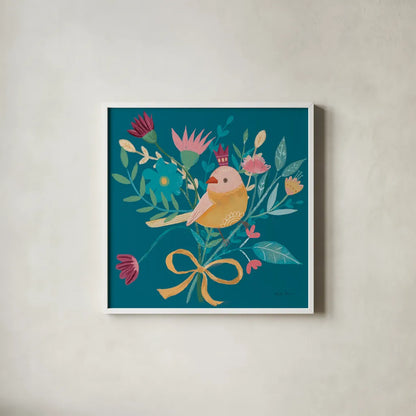 Royal Birds III Blue by Farida Zaman. Shown in a crisp white glass frame for a clean and minimalist style. Available as an archival giclee rolled canvas, fine art paper, or poster print. SKU 68975a.
