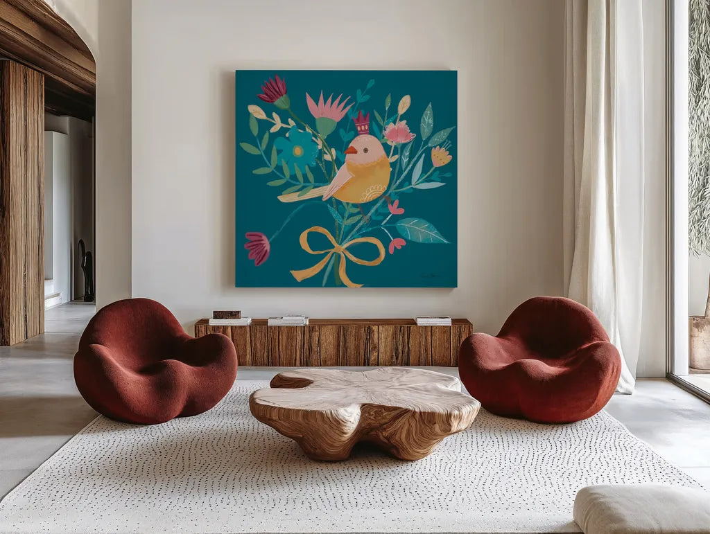 Royal Birds III Blue by Farida Zaman. Shown as extra-large giant wall art in a modern living room. Available as an archival giclee rolled canvas, fine art paper, or poster print. SKU 68975a.