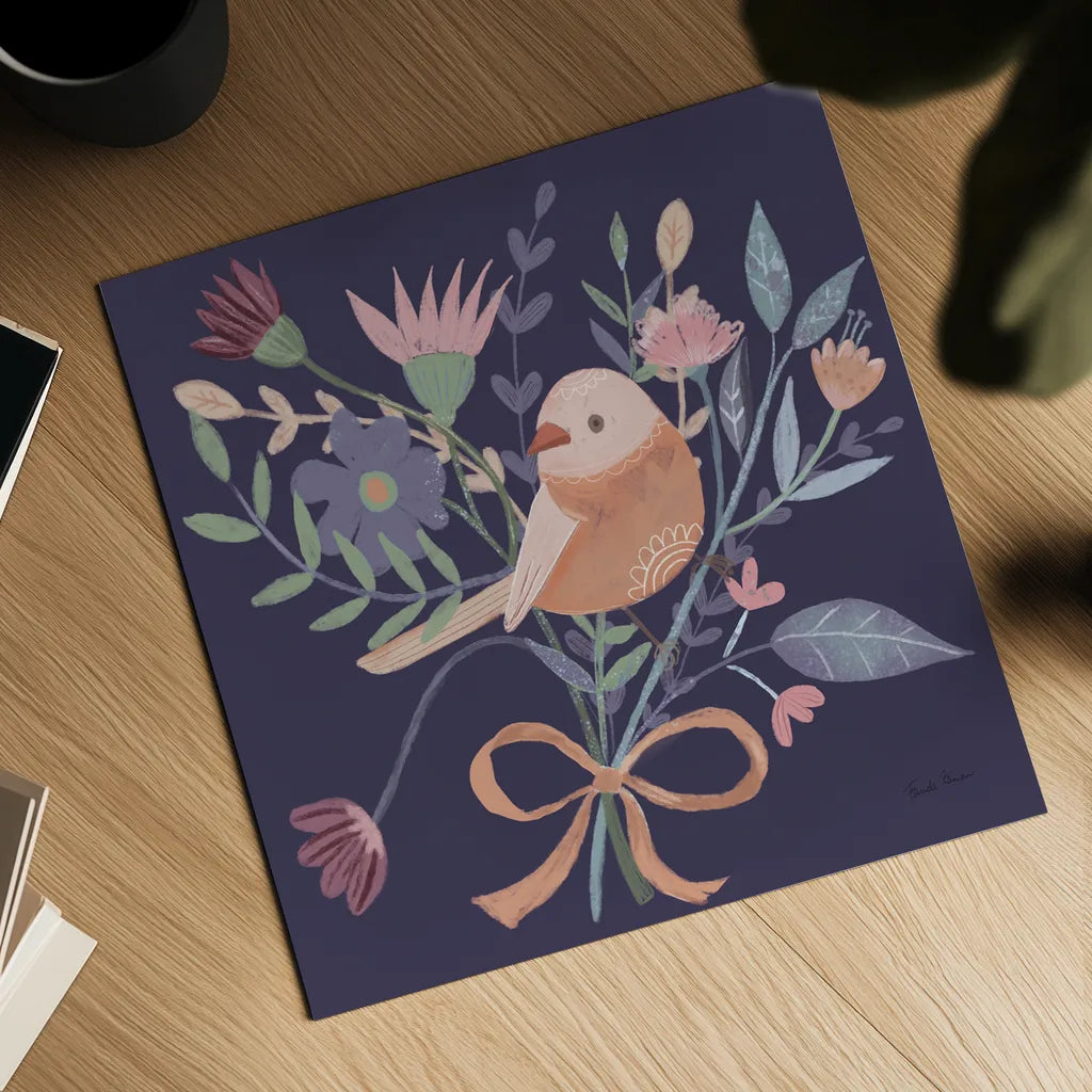 Royal Birds III Purple by Farida Zaman. Shown as a detailed flat fine art print, highlighting archival giclee quality. Available as an archival giclee rolled canvas, fine art paper, or poster print. SKU 71472a.