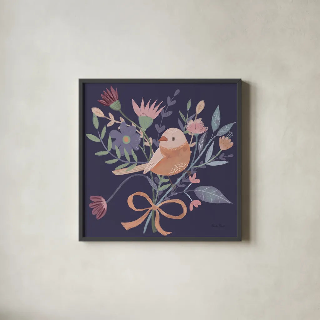 Royal Birds III Purple by Farida Zaman. Shown in a sleek black glass frame for a contemporary gallery look. Available as an archival giclee rolled canvas, fine art paper, or poster print. SKU 71472a.