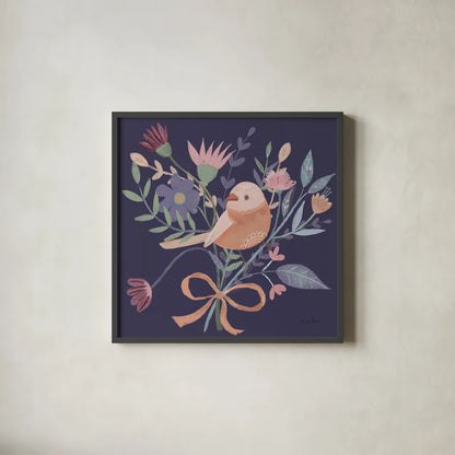 Royal Birds III Purple by Farida Zaman. Shown in a sleek black glass frame for a contemporary gallery look. Available as an archival giclee rolled canvas, fine art paper, or poster print. SKU 71472a.