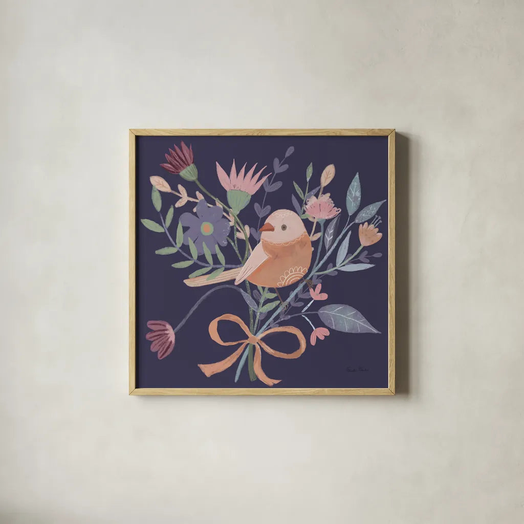 Royal Birds III Purple by Farida Zaman. Shown in a natural wood glass frame for a timeless modern aesthetic. Available as an archival giclee rolled canvas, fine art paper, or poster print. SKU 71472a.