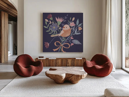 Royal Birds III Purple by Farida Zaman. Shown as extra-large giant wall art in a modern living room. Available as an archival giclee rolled canvas, fine art paper, or poster print. SKU 71472a.