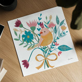 Royal Birds III White by Farida Zaman. Shown as a detailed flat fine art print, highlighting archival giclee quality. Available as an archival giclee rolled canvas, fine art paper, or poster print. SKU 68980a.
