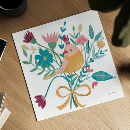 Royal Birds III White by Farida Zaman. Shown as a detailed flat fine art print, highlighting archival giclee quality. Available as an archival giclee rolled canvas, fine art paper, or poster print. SKU 68980a.