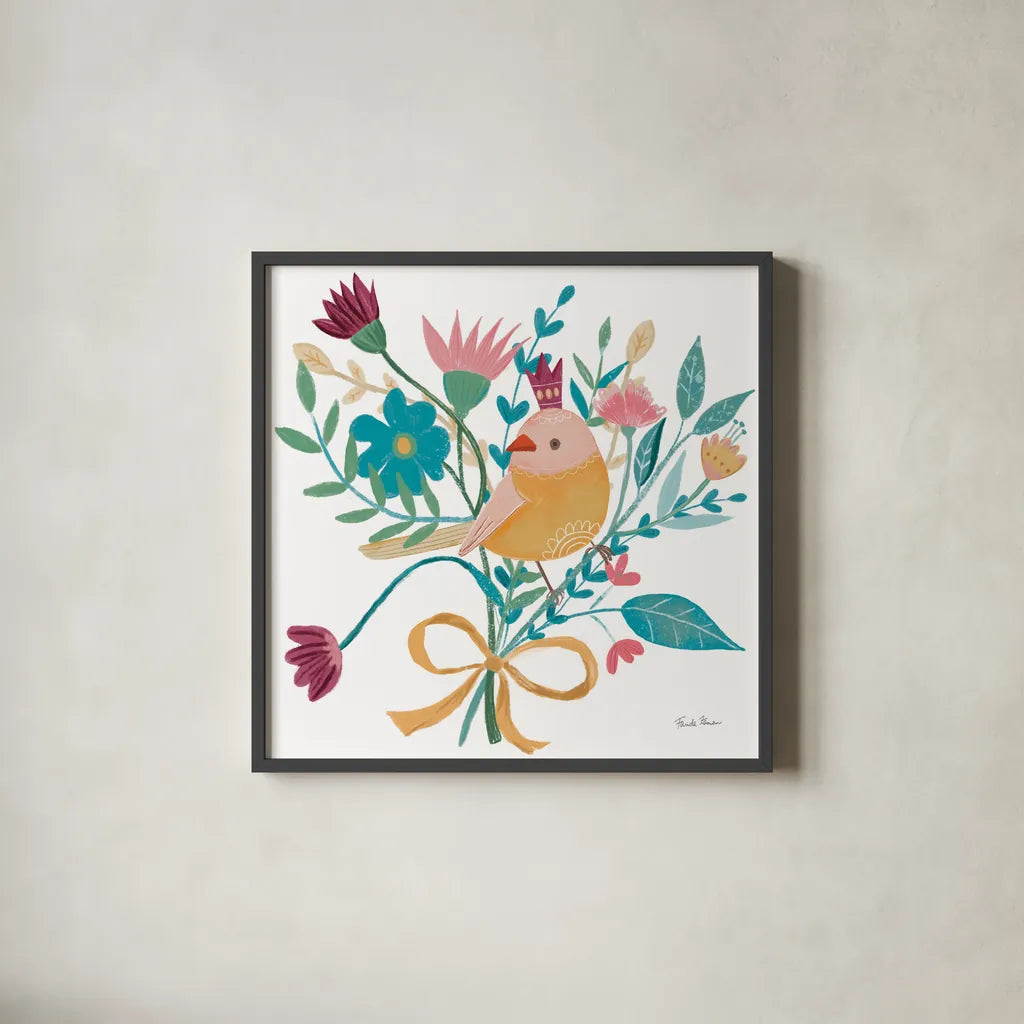 Royal Birds III White by Farida Zaman. Shown in a sleek black glass frame for a contemporary gallery look. Available as an archival giclee rolled canvas, fine art paper, or poster print. SKU 68980a.